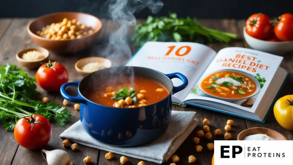 A steaming pot of spicy chickpea and tomato soup surrounded by fresh ingredients and a recipe book open to "10 best Daniel diet recipes."