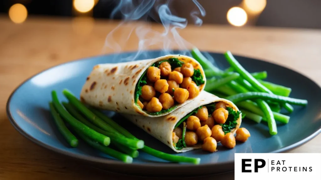 A plate of two spicy chickpea wraps on the blue plate surrender with fresh green