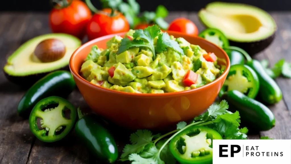 A bowl of spicy jalapeño guacamole surrounded by fresh ingredients like avocados, tomatoes, and cilantro. A vibrant and appetizing display of raw diet recipes