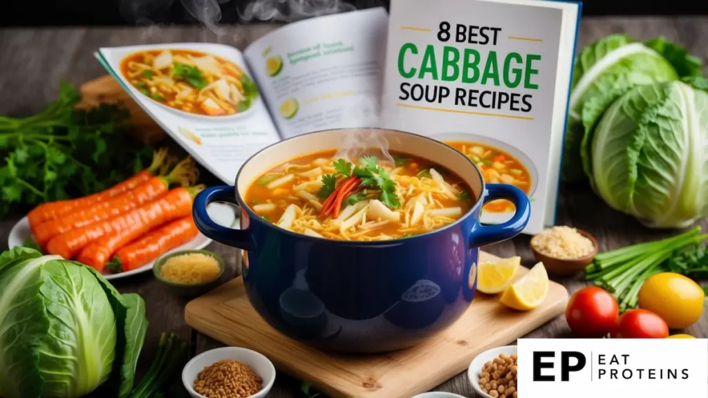 A steaming pot of spicy kimchi cabbage soup surrounded by fresh ingredients and a recipe book open to "8 best cabbage soup diet recipes."