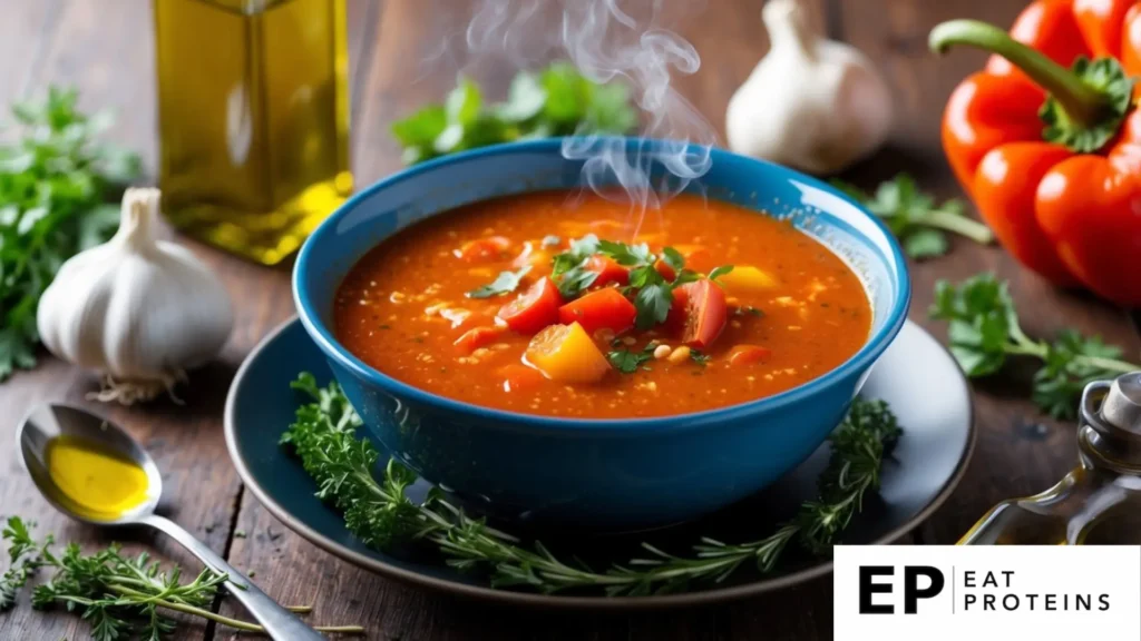 A steaming bowl of spicy red pepper and tomato soup surrounded by fresh Mediterranean ingredients like herbs, garlic, and olive oil