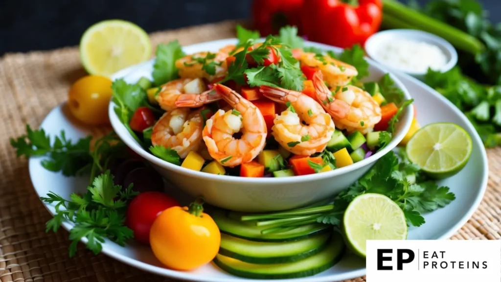 A colorful bowl of spicy shrimp salad surrounded by fresh vegetables and herbs on a white plate