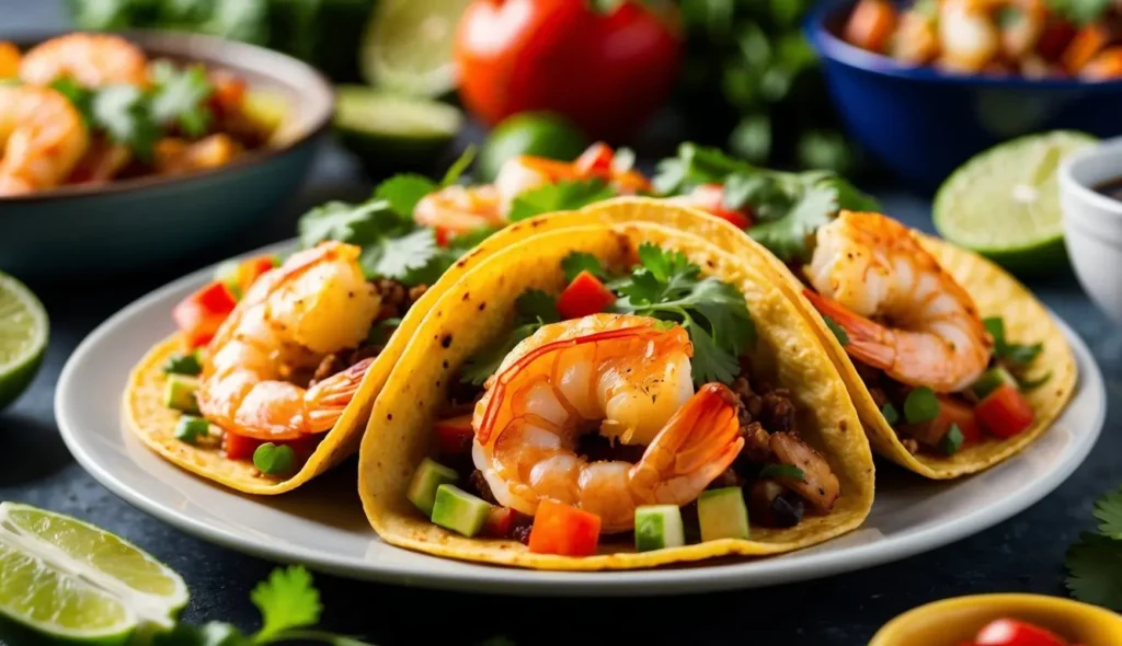 A plate of spicy shrimp tacos surrounded by fresh ingredients and vibrant colors, evoking a sense of freshness and flavor