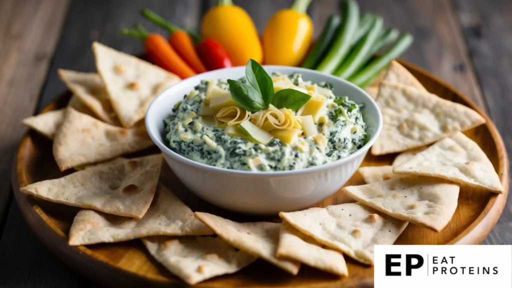 A bowl of creamy spinach and artichoke dip surrounded by fresh vegetables and crispy pita chips on a wooden serving platter