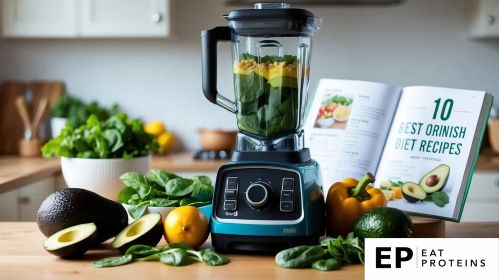 A blender filled with spinach, avocado, and other ingredients, surrounded by fresh produce and a recipe book open to "10 Best Ornish Diet Recipes."