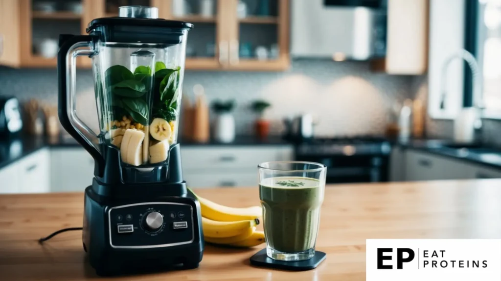 A blender filled with spinach, banana, and other ingredients. A glass filled with smoothie beside it