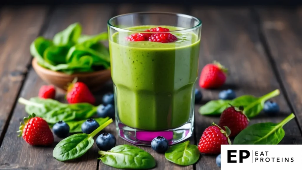 A glass filled with a vibrant green spinach and berry smoothie surrounded by fresh berries and spinach leaves on a wooden table