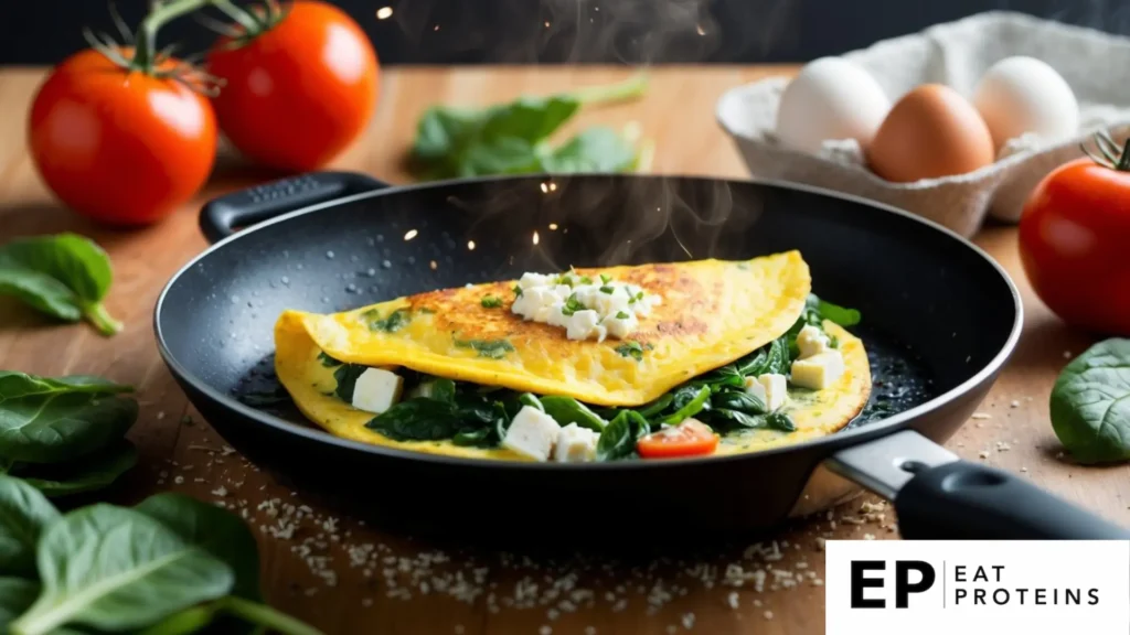 A sizzling spinach and feta omelette cooking on a non-stick skillet, surrounded by fresh ingredients like tomatoes, spinach leaves, and a carton of eggs