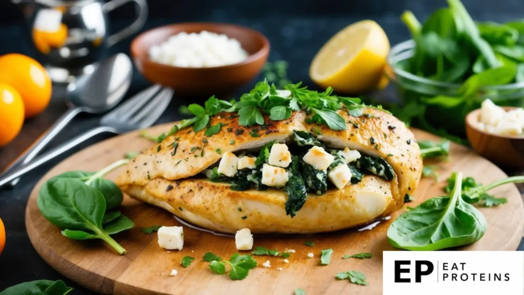 A chicken breast stuffed with spinach and feta, surrounded by fresh ingredients and cooking utensils