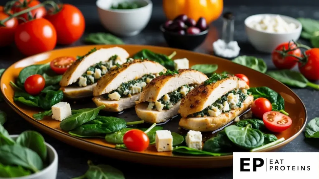 A platter of stuffed chicken breasts surrounded by Mediterranean ingredients like spinach, feta, olives, and tomatoes