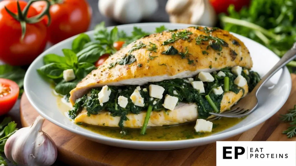 A plump chicken breast stuffed with spinach and feta, surrounded by vibrant, fresh ingredients like tomatoes, herbs, and garlic