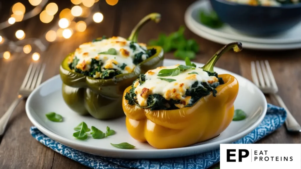 A colorful array of bell peppers, stuffed with a vibrant mixture of spinach and feta, arranged on a rustic wooden table