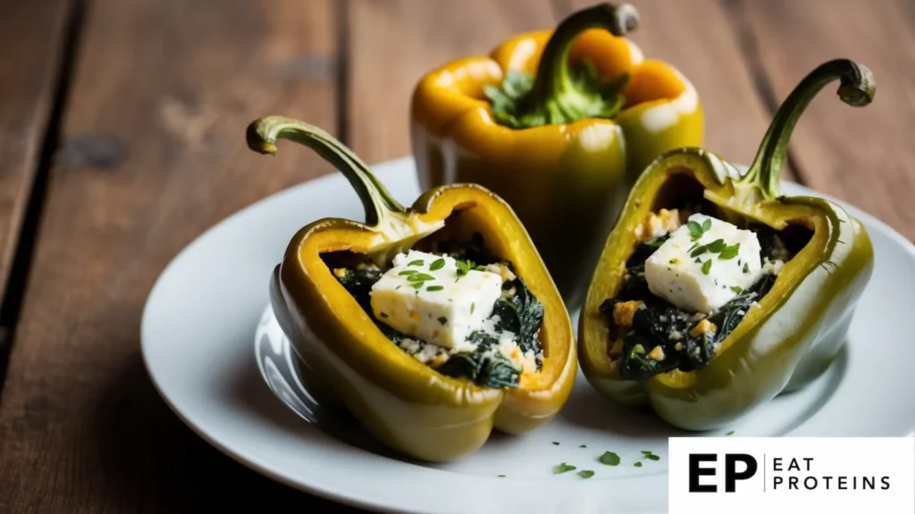 A colorful of bell peppers, sliced open and filled with a mixture of spinach and feta cheese