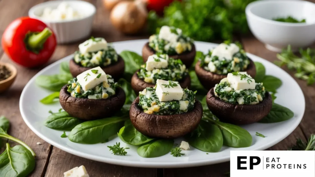 A platter of spinach and feta stuffed portobello mushrooms surrounded by fresh ingredients and herbs