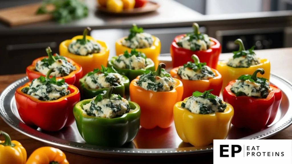 A colorful array of bell peppers filled with spinach and ricotta mixture, arranged on a serving platter