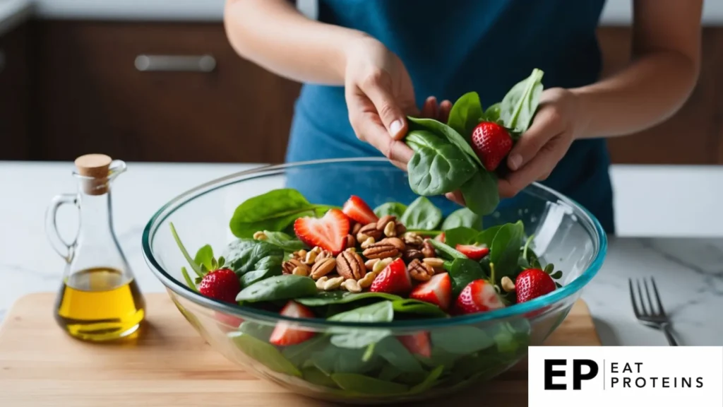 A colorful bowl filled with fresh spinach leaves, sliced strawberries, and other colorful ingredients arranged in an appetizing salad