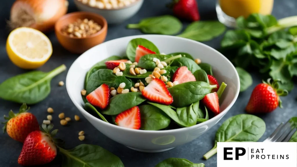 A bowl of spinach and strawberry salad surrounded by fresh whole foods ingredients