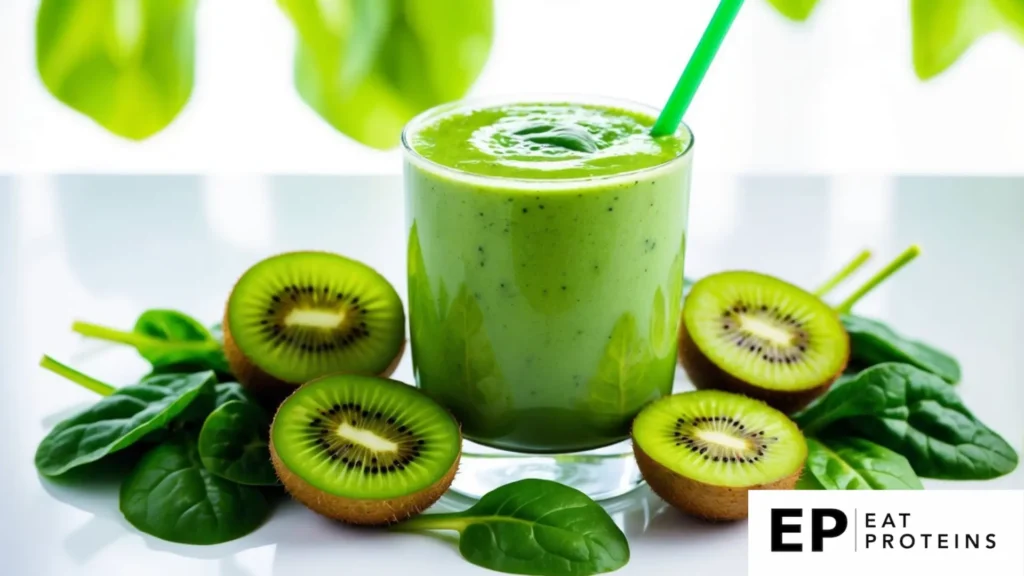 A vibrant green spinach kiwi smoothie surrounded by fresh kiwi slices and spinach leaves, set against a bright, clean backdrop