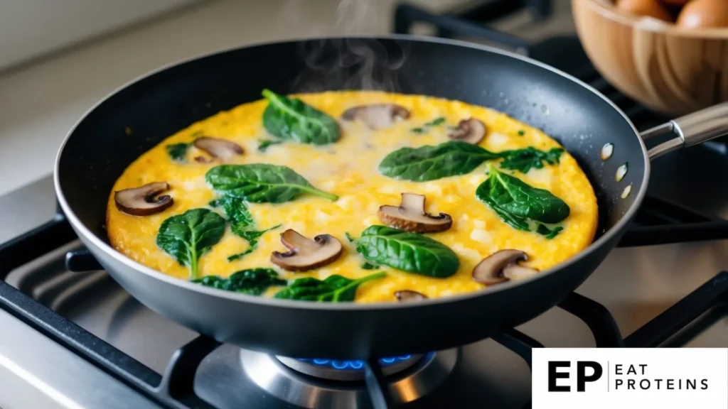 A sizzling frittata with spinach and mushrooms cooking in a non-stick skillet on a stovetop