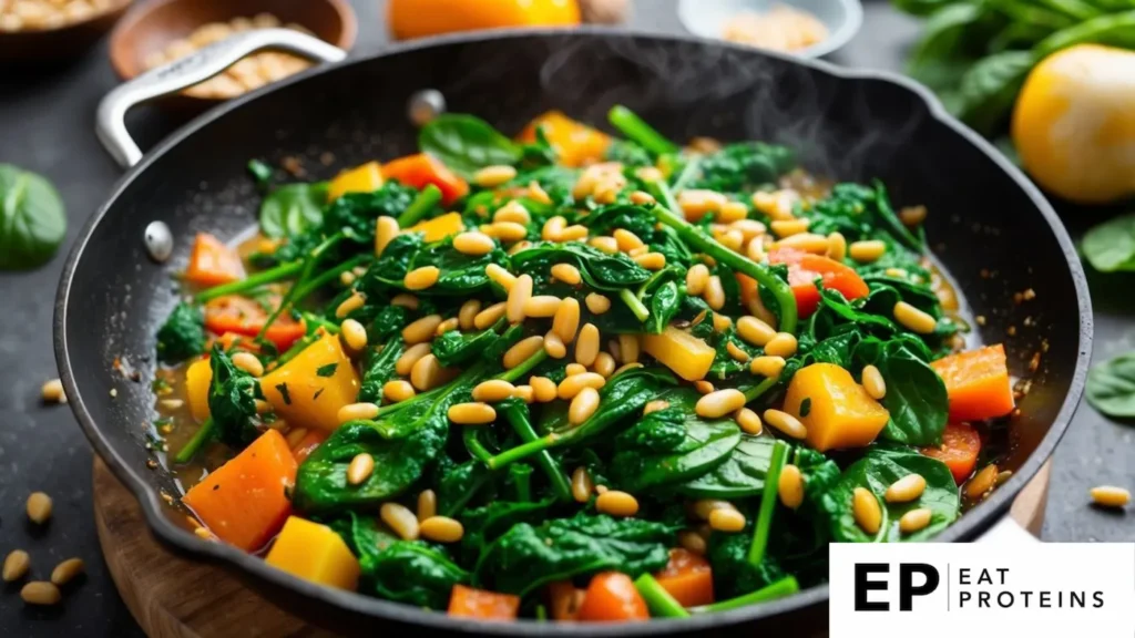 A sizzling skillet with spinach, pine nuts, and colorful vegetables stir-frying in a vibrant, aromatic sauce