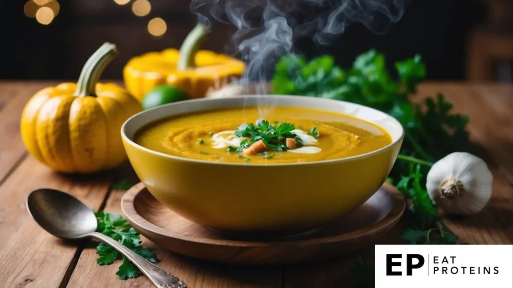 A steaming bowl of squash soup surrounded by fresh ingredients and a rustic spoon on a wooden table