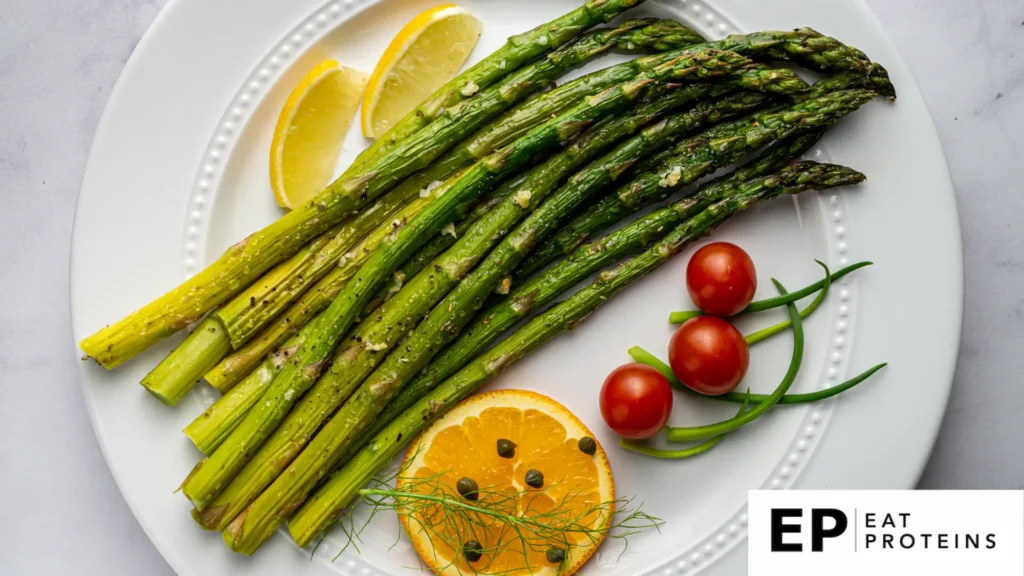 Steamed asparagus arranged with lemon slices on a white plate