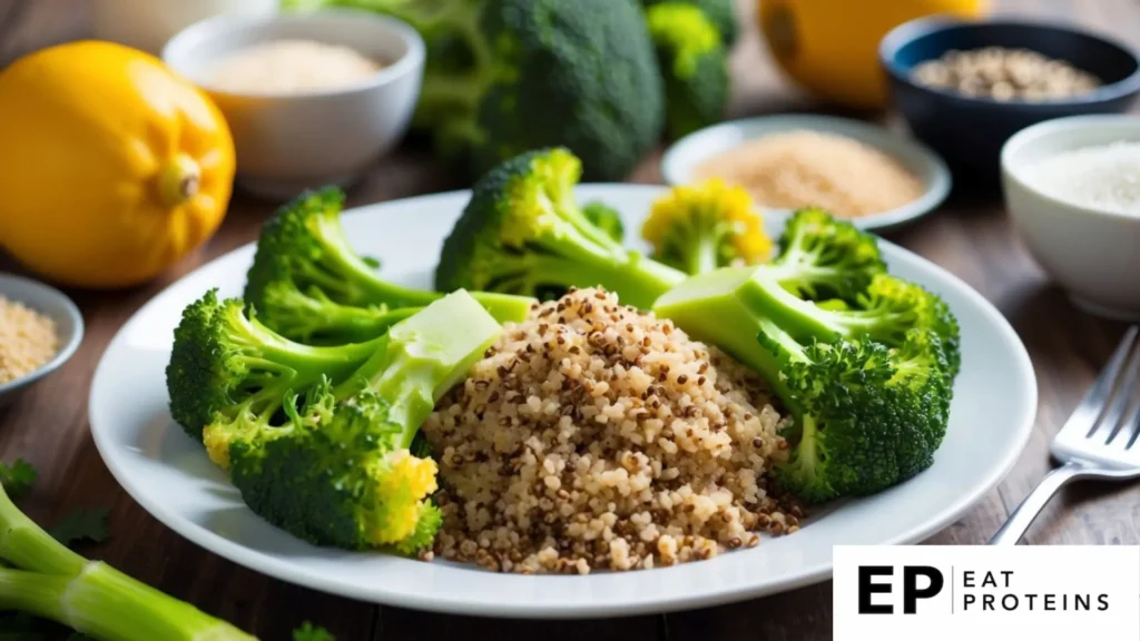 A plate with steamed broccoli and quinoa, surrounded by various low histamine ingredients