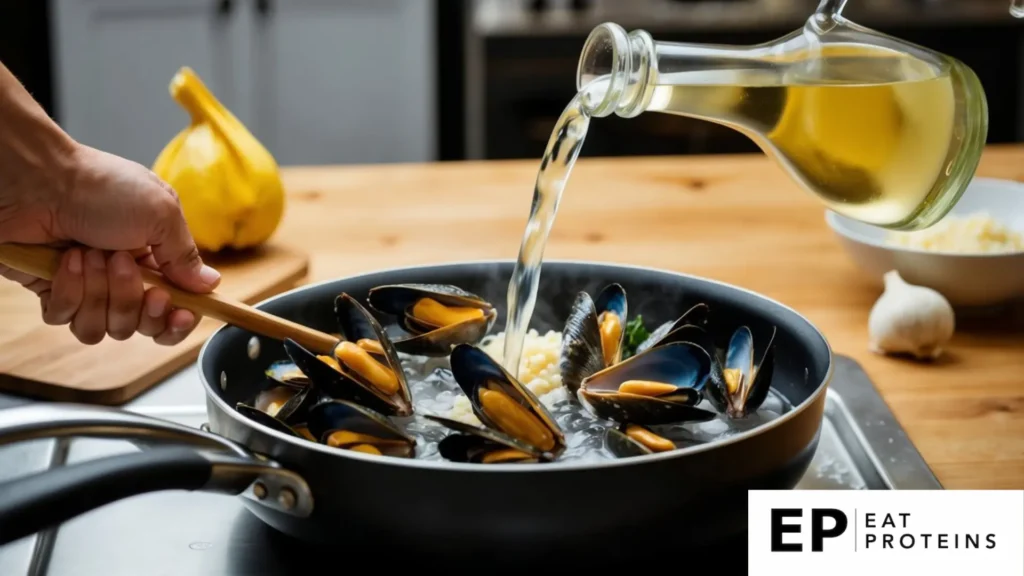 A pot of steamed mussels in a savory garlic and white wine broth, surrounded by fresh herbs and crusty bread