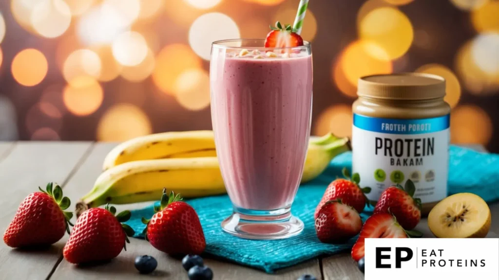 A glass filled with a vibrant pink strawberry banana smoothie surrounded by fresh fruit and a protein powder container