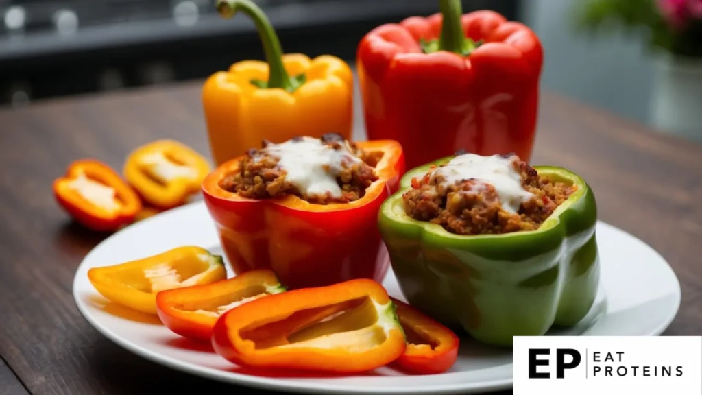 A colorful array of stuffed bell peppers, surrounded by fresh vegetables and herbs, displayed on a clean, white plate