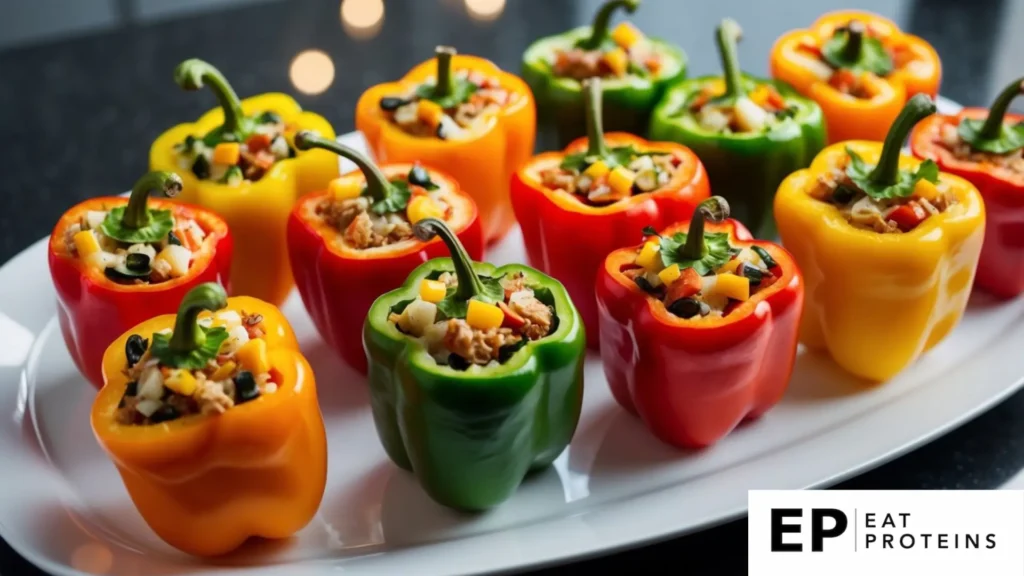 A colorful array of bell peppers, sliced and stuffed with a variety of healthy, candida diet-friendly ingredients, arranged on a clean, white serving platter