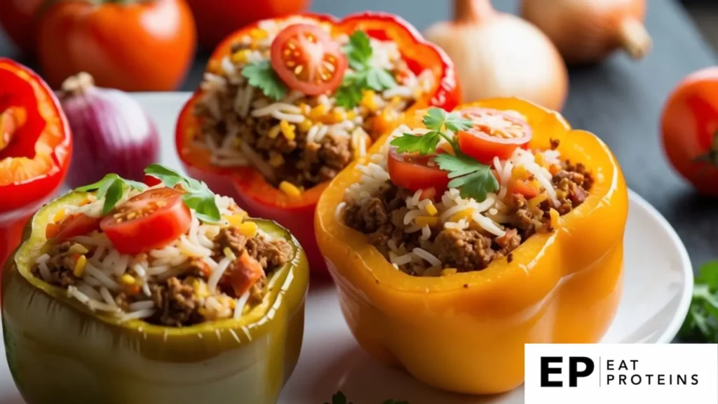 A colorful array of stuffed bell peppers, surrounded by fresh herbs and vibrant vegetables, creating a visually appealing and healthy low-fat meal