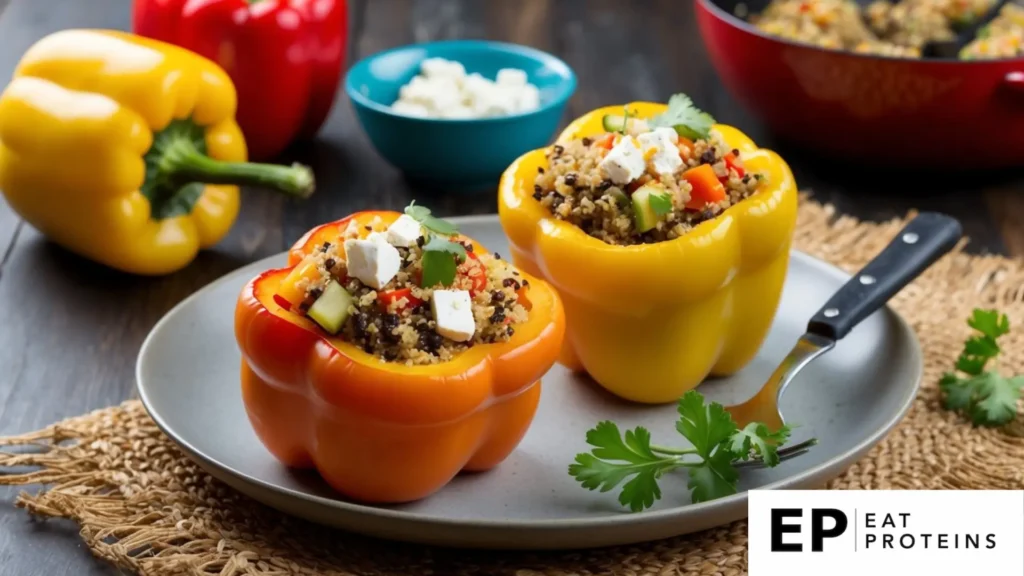 A colorful array of stuffed bell peppers surrounded by fresh Mediterranean ingredients like pepper, feta cheese on wooden table