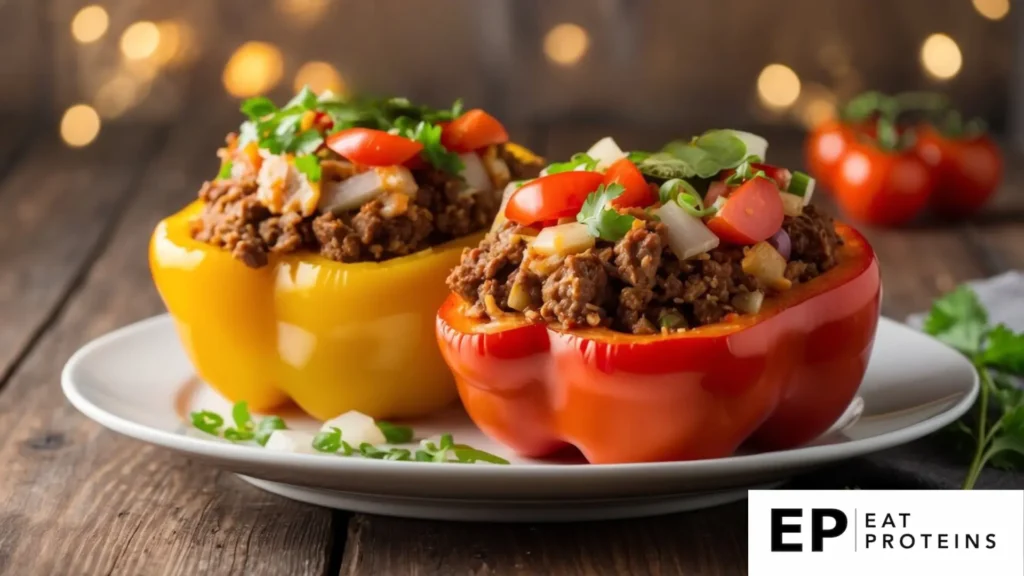 The image shows two vibrant, stuffed bell peppers, one yellow and one red, placed on a white plate. Each bell pepper is generously filled with a savory ground meat mixture, topped with fresh diced tomatoes, onions, and garnished with chopped green onions and cilantro. The filling appears to be seasoned, giving it a rich and hearty appearance