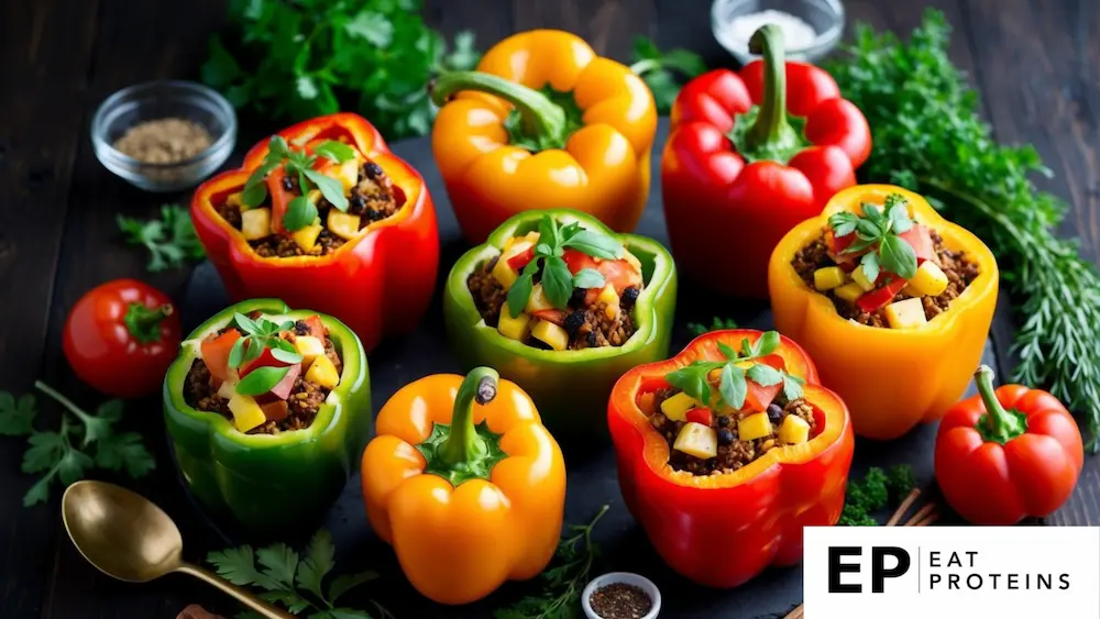 A colorful array of bell peppers stuffed with healthy ingredients, surrounded by fresh herbs and spices