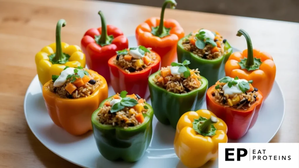 A colorful array of bell peppers stuffed with brown rice and other healthy ingredients, arranged on a clean, white plate