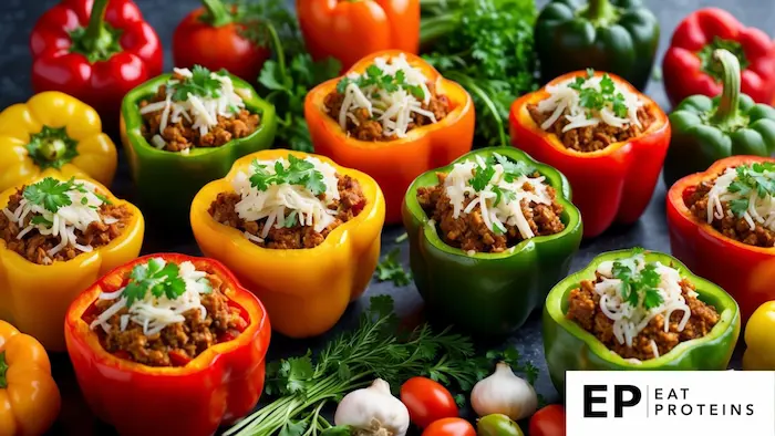 A colorful array of stuffed bell peppers filled with ground turkey, surrounded by various low-carb ingredients like fresh vegetables and herbs