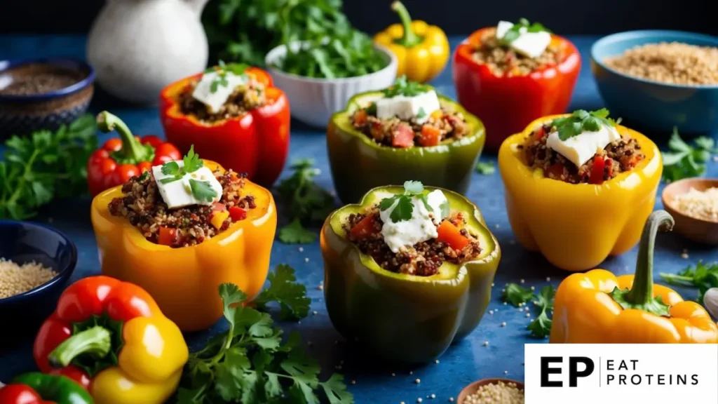 A colorful array of stuffed bell peppers filled with quinoa and feta, surrounded by vibrant Mediterranean ingredients