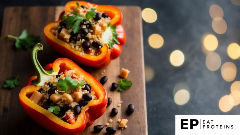 A colorful array of bell peppers filled with quinoa and turkey, arranged on a wooden cutting board 