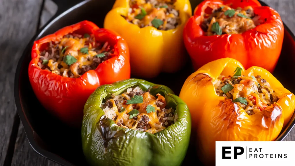 A colorful plate of stuffed bell peppers filled with quinoa, surrounded by fresh ingredients and herbs