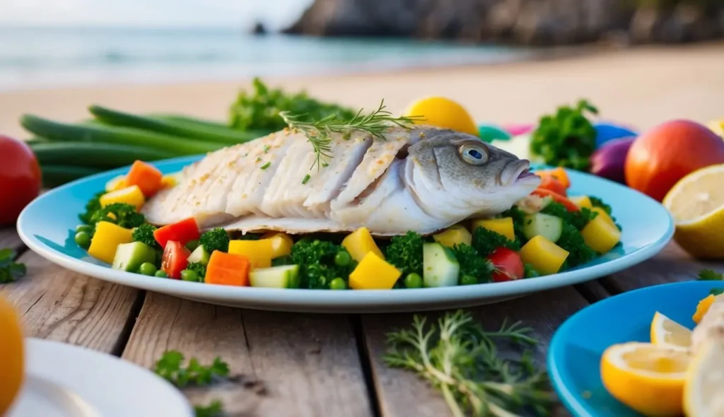 A platter of stuffed flounder surrounded by colorful vegetables and herbs on a beachside picnic table