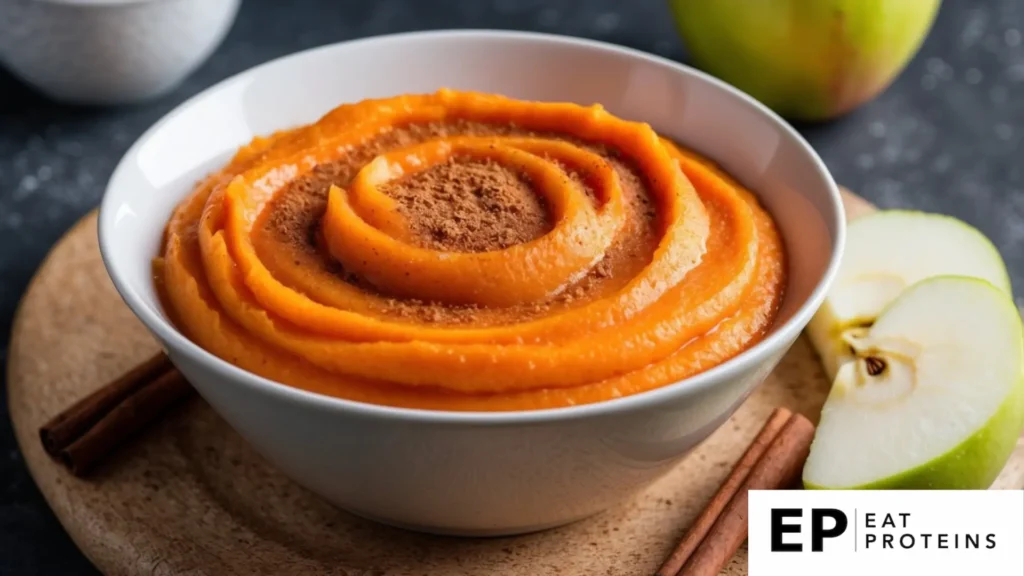 A bowl of smooth, vibrant orange sweet potato and apple puree, garnished with a sprinkle of cinnamon and a slice of fresh apple on the side