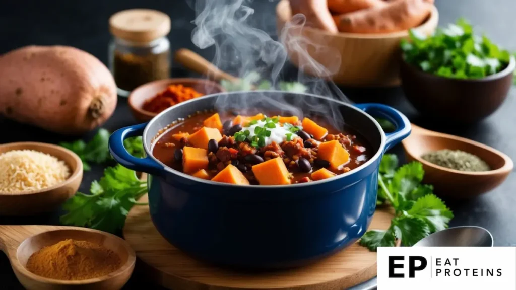 A steaming pot of sweet potato and black bean chili surrounded by fresh ingredients and spices