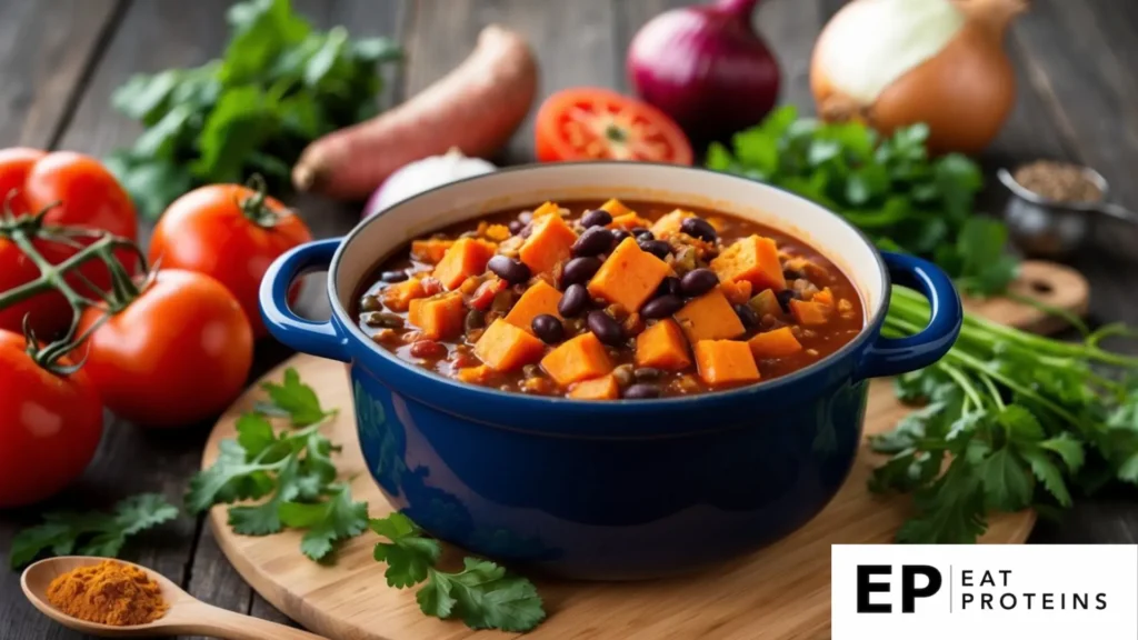 A bubbling pot of sweet potato and black bean chili surrounded by fresh whole food ingredients like tomatoes, onions, and spices