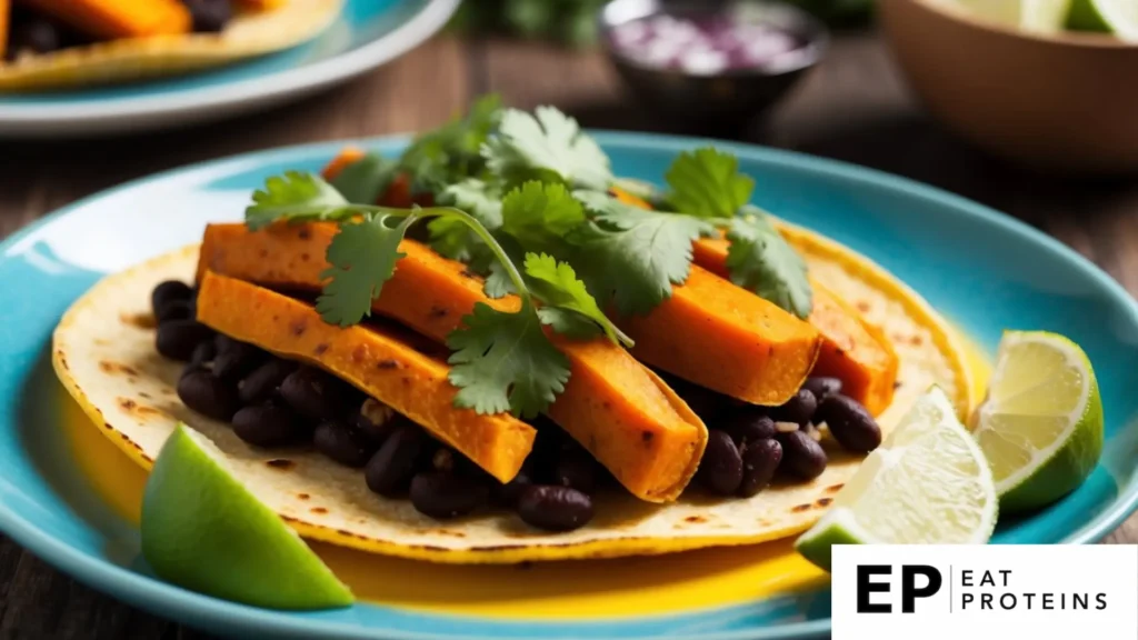 A colorful plate of sweet potato and black bean tacos, garnished with fresh cilantro and served with a side of lime wedges