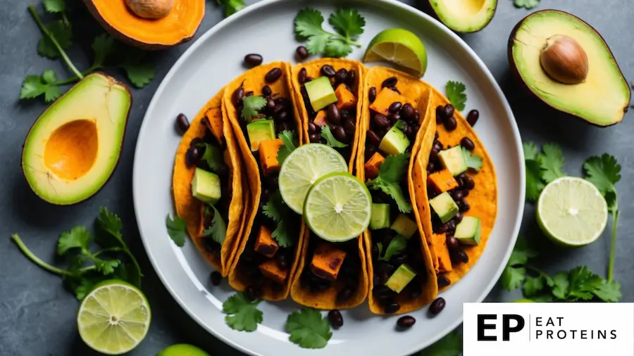 A colorful array of sweet potato and black bean tacos arranged on a plate, surrounded by fresh ingredients like avocado, cilantro, and lime slices