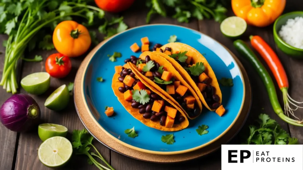 A colorful plate of sweet potato and black bean tacos surrounded by vibrant vegetables and herbs