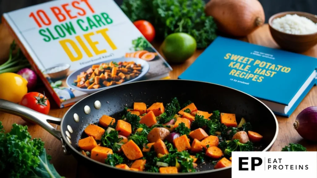 A sizzling skillet with sweet potato and kale hash, surrounded by colorful ingredients and a cookbook titled "10 Best Slow Carb Diet Recipes."