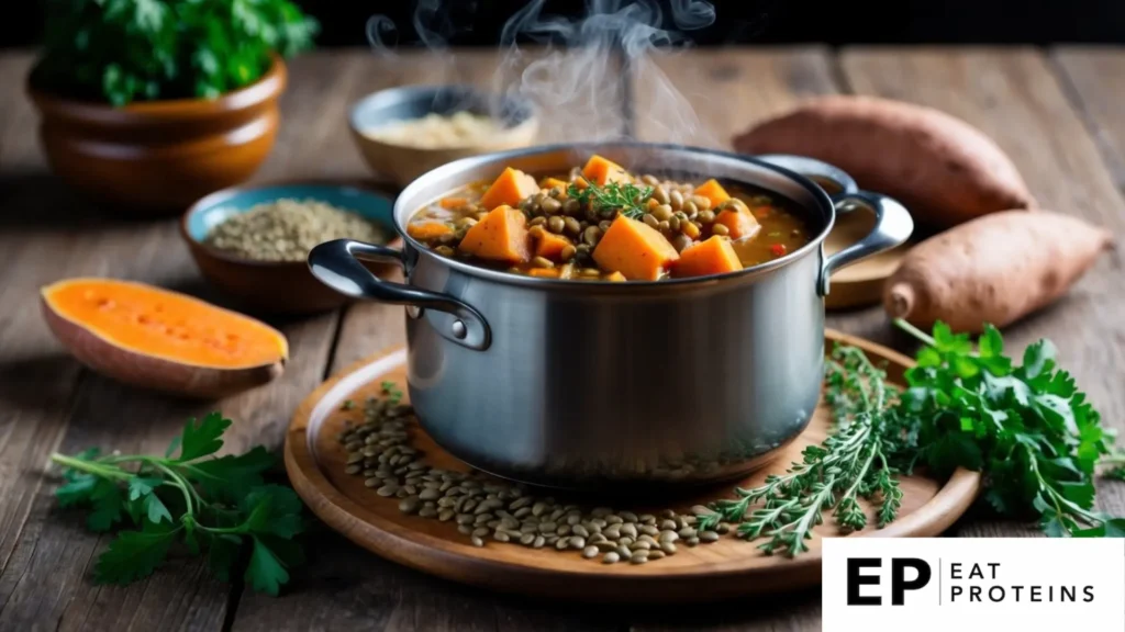 A steaming pot of sweet potato and lentil stew surrounded by fresh ingredients and herbs on a rustic wooden table