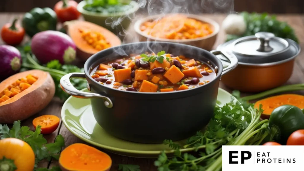 A steaming pot of sweet potato black bean chili surrounded by vibrant vegetables and herbs